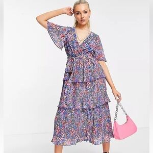 ASOS DESIGN wrap front tiered pleated midi dress in navy flirty floral Size 14